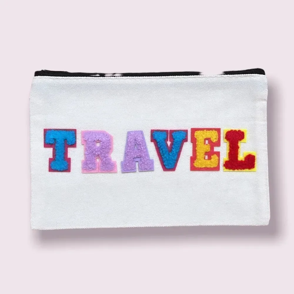 NWT Wool + Pepper Co. TRAVEL Varsity Letters Patches Cosmetic Bag